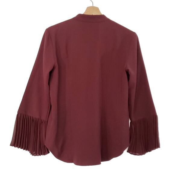 Ann Taylor | Wine Red Pleated Bell Sleeve Keyhole Blouse Top - Picture 2 of 7